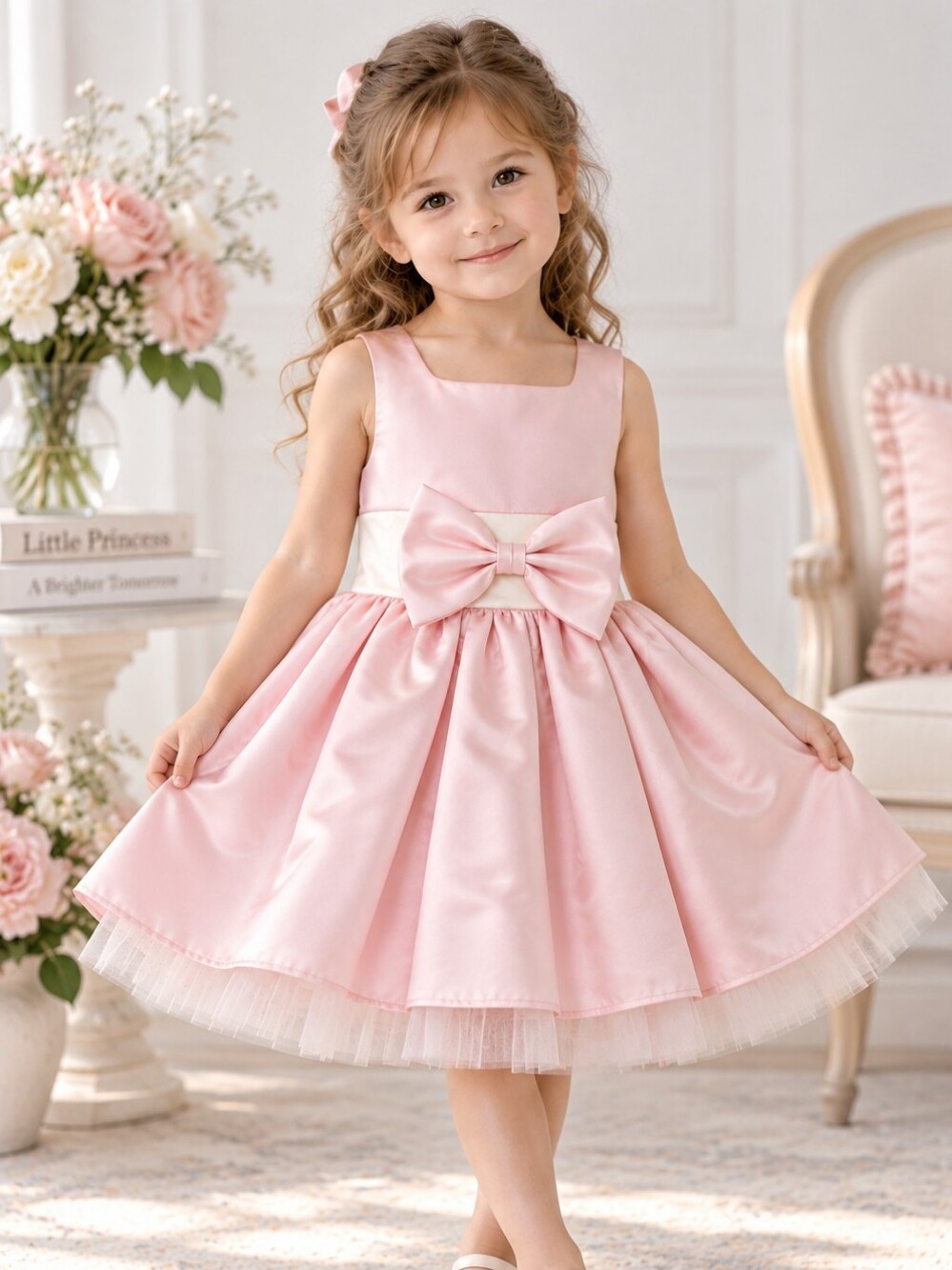 NWT Dolls & Divas Couture Pink Satin White Waist Bow Formal Flower Girl Dress 4T